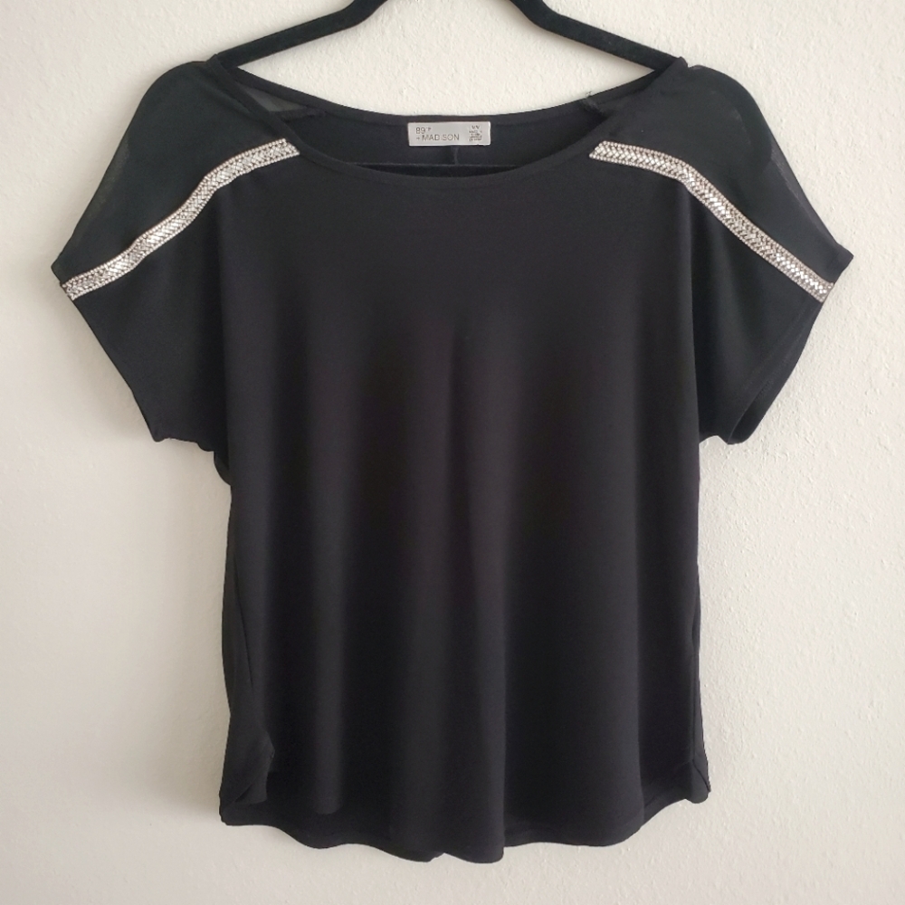 Dressy Bling Black Top With Sheer Shoulders - Size Medium